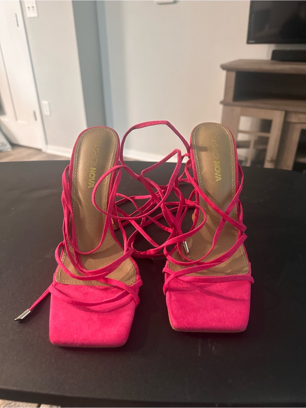 Fashion Nova Hot Pink Lace-Up Square Toe Heeled Sandals